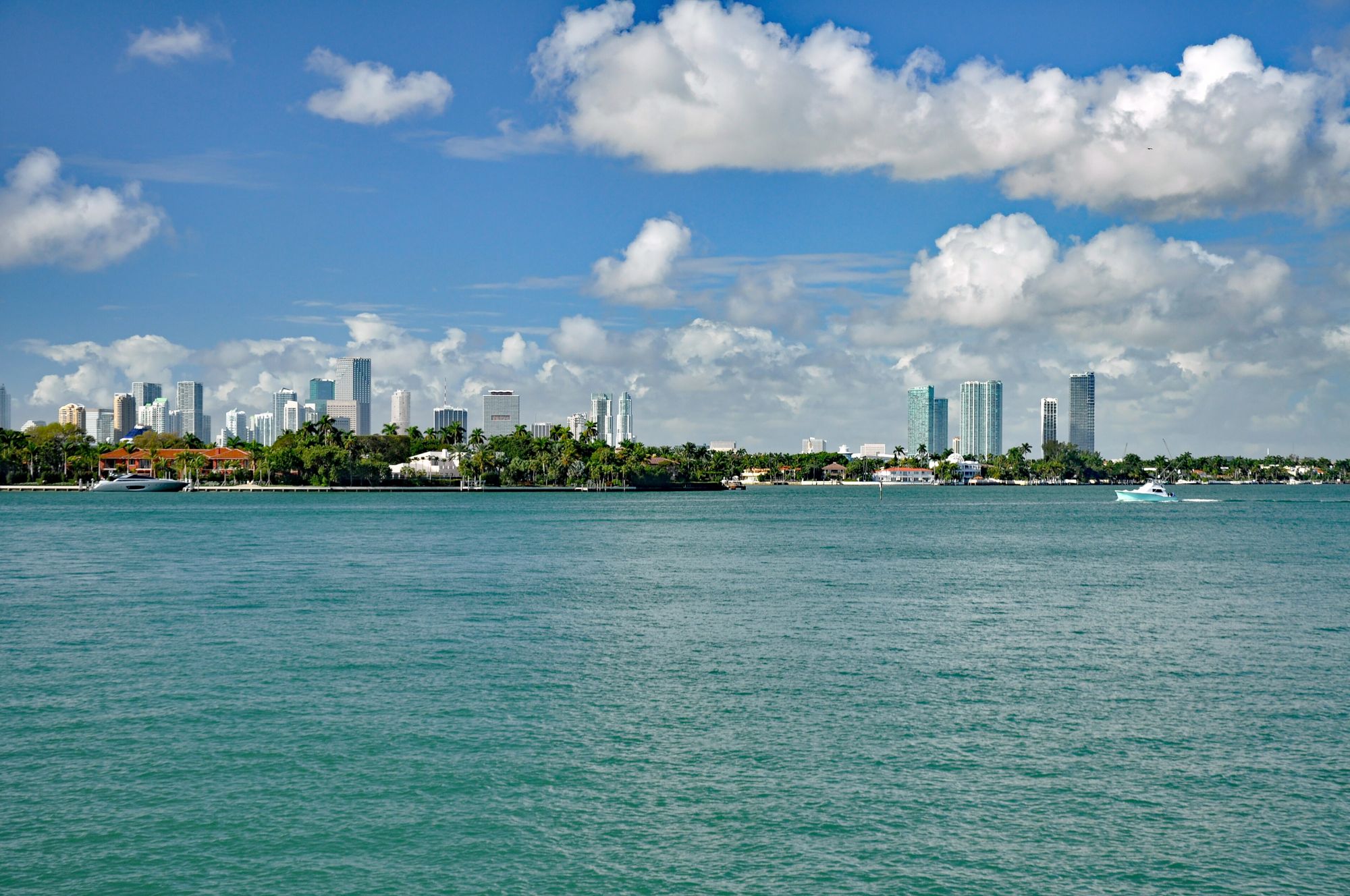 Miami skyline and palm-lined island across turquoise Biscayne Bay